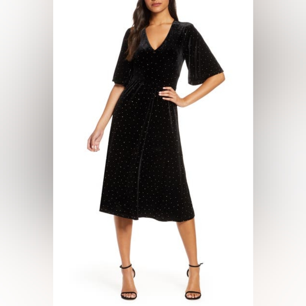 Mid-length sleeve V-Neck black velvet Leota gold dotted dress, size M